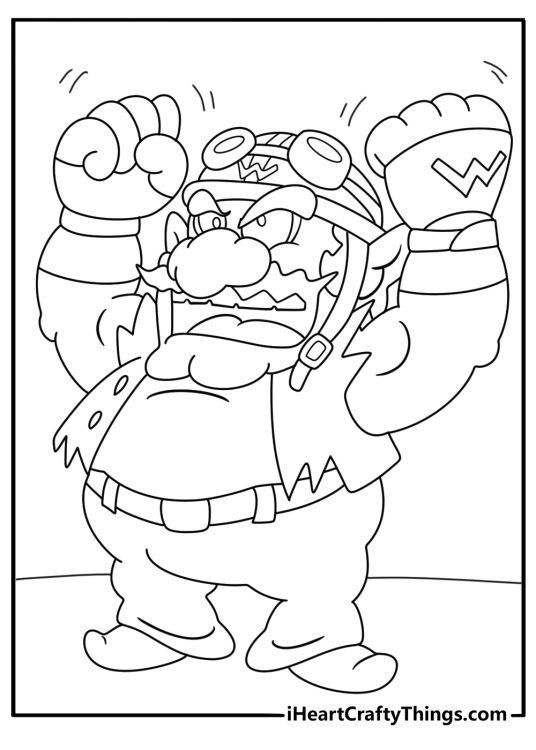 Super Mario coloring page featuring Wario looking very devious and shaking his fist