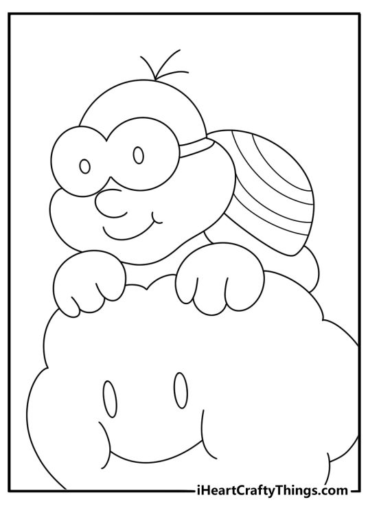 Super Mario coloring page for children featuring little Lakitu riding on a fluffy cloud
