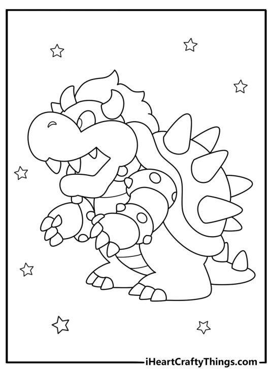 Super Mario coloring page showing Bowser with horns and a spiky shell on his back