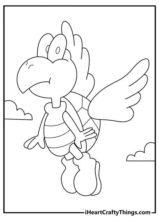 Super Mario coloring picture for kids showing the winged turtle Koopa Paratroopa
