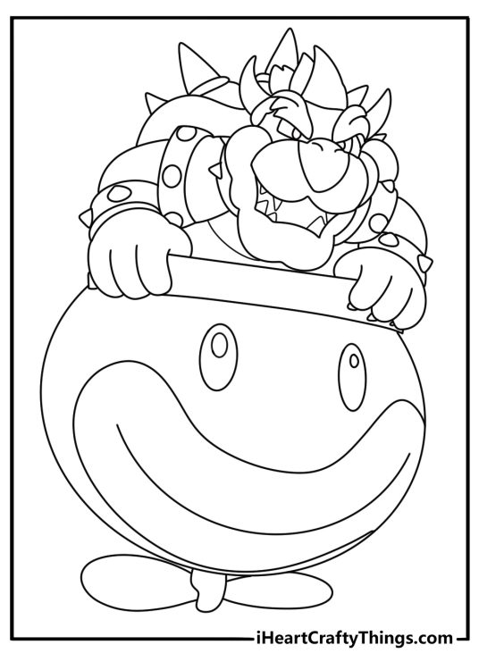 Super Mario coloring picture showing angry Bowser Jr. riding in his Junior Clown Car