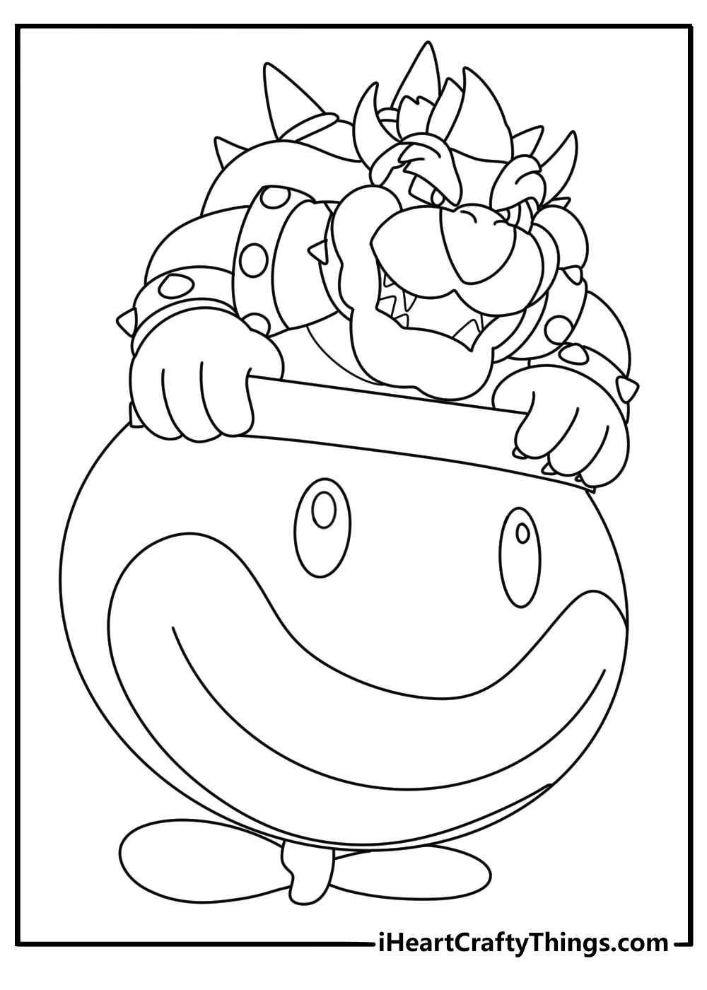Super Mario coloring picture showing angry Bowser Jr. riding in his Junior Clown Car