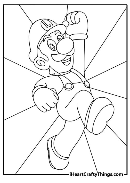 Super Mario coloring poster showing Luigi in a moment of triumph and confidence