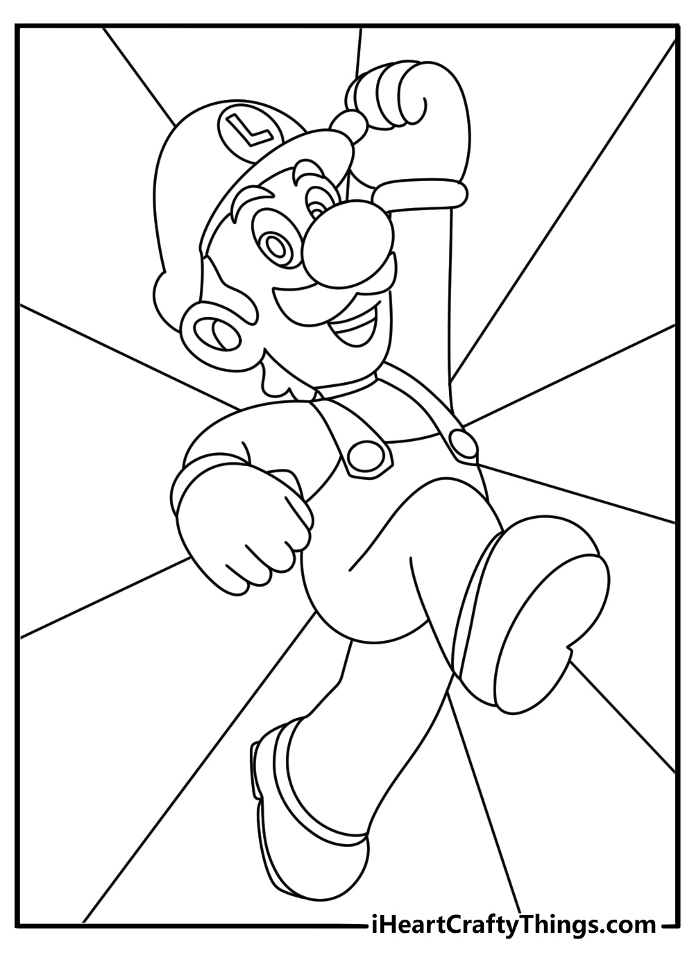 Super Mario coloring poster showing Luigi in a moment of triumph and confidence