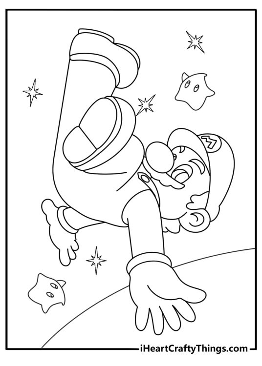 Super Mario galaxy coloring page with plumber floating near small planet and star bits