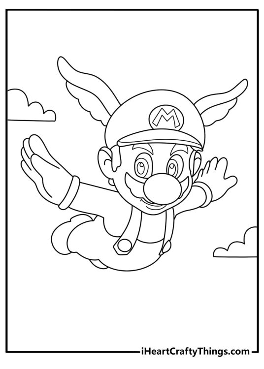 Super Mario odyssey coloring page with Mario throwing cap at flying hat ghost