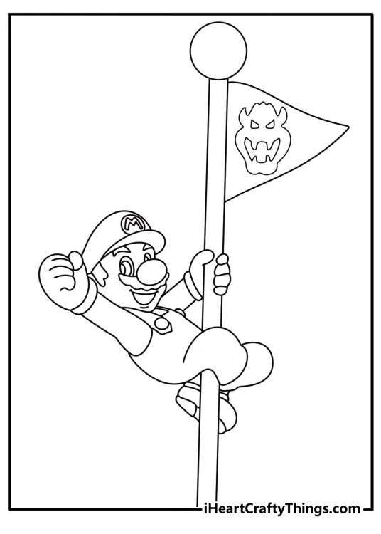 Super Mario page showing Mario hanging on the flagpole and raising his fist in the air