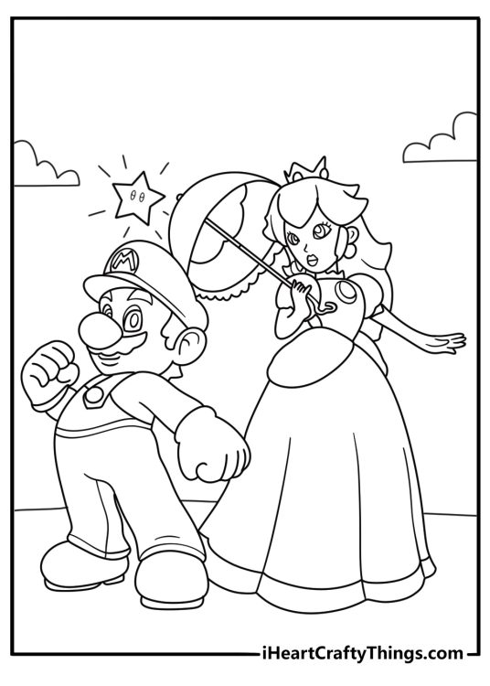Super Mario page showing Mario with Super Stars above his head and Princess Peach in the background