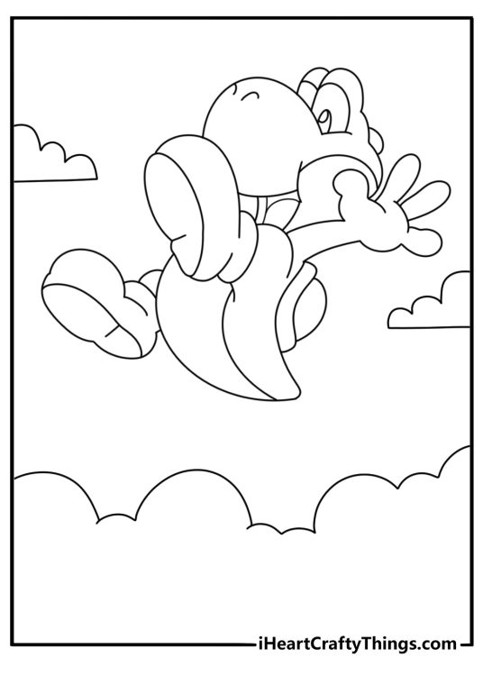 Super Mario page to color featuring lovable Yoshi jumping in the air with clouds at the bottom