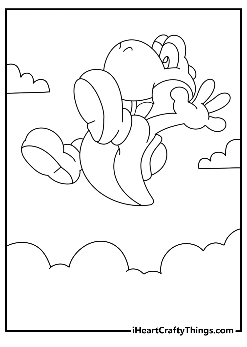 Super Mario page to color featuring lovable Yoshi jumping in the air with clouds at the bottom