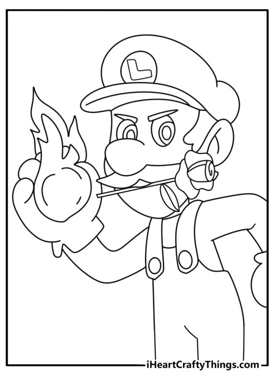 Super Mario picture featuring Luigi holding a ball of fire in one hand and a flower in his mouth