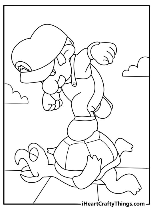 Super Mario printable PDF depicting Mario jumping onto the back of a turtle
