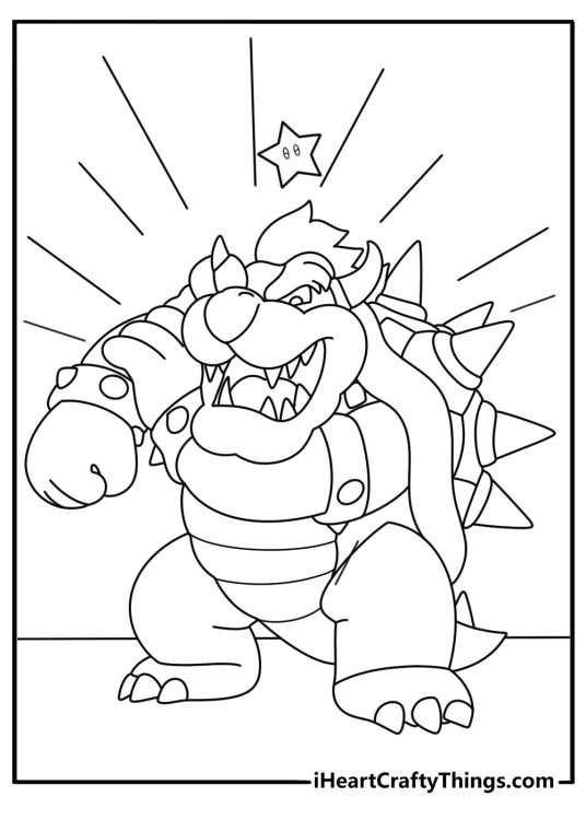 Super Mario printable featuring Bowser after being hit on the head by a Super Star