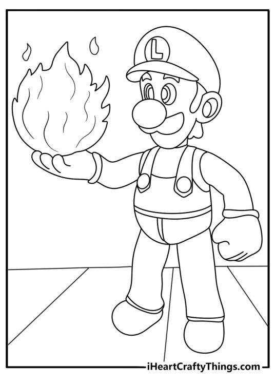 Super Mario printable featuring Luigi holding a large fireball in his hands