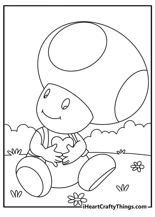 Super Mario printable featuring Toad sitting in a field of flowers while holding a small heart