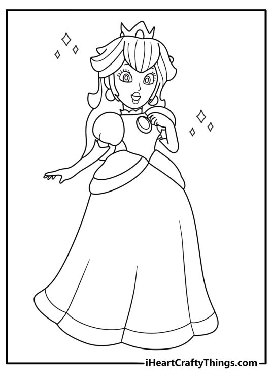 Super Mario printable page featuring Princess Peach posing gracefully with sparkles around her