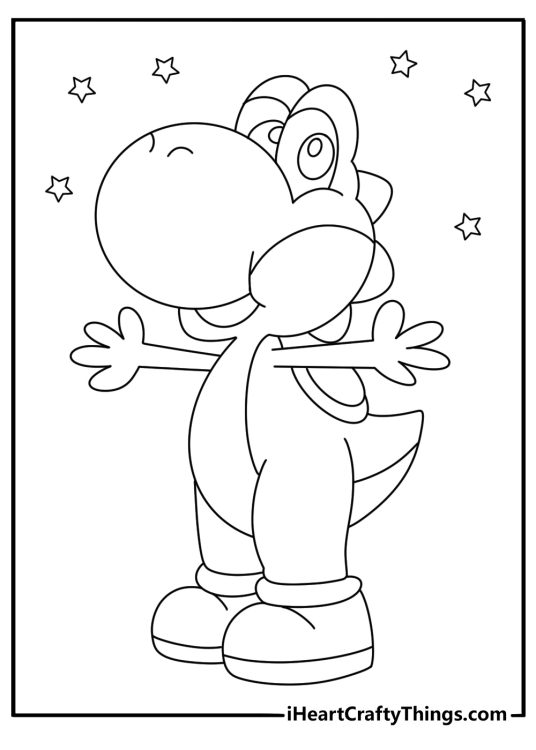 Super Mario printable page for kids featuring friendly dinosaur Yoshi ready to give someone a big hug