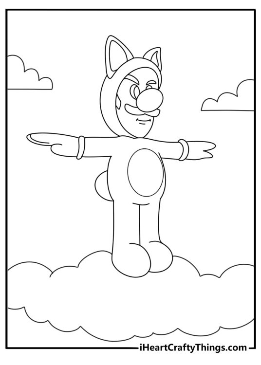 Super Mario printable sheet showing Luigi wearing a Tanooki Suit and standing on a cloud