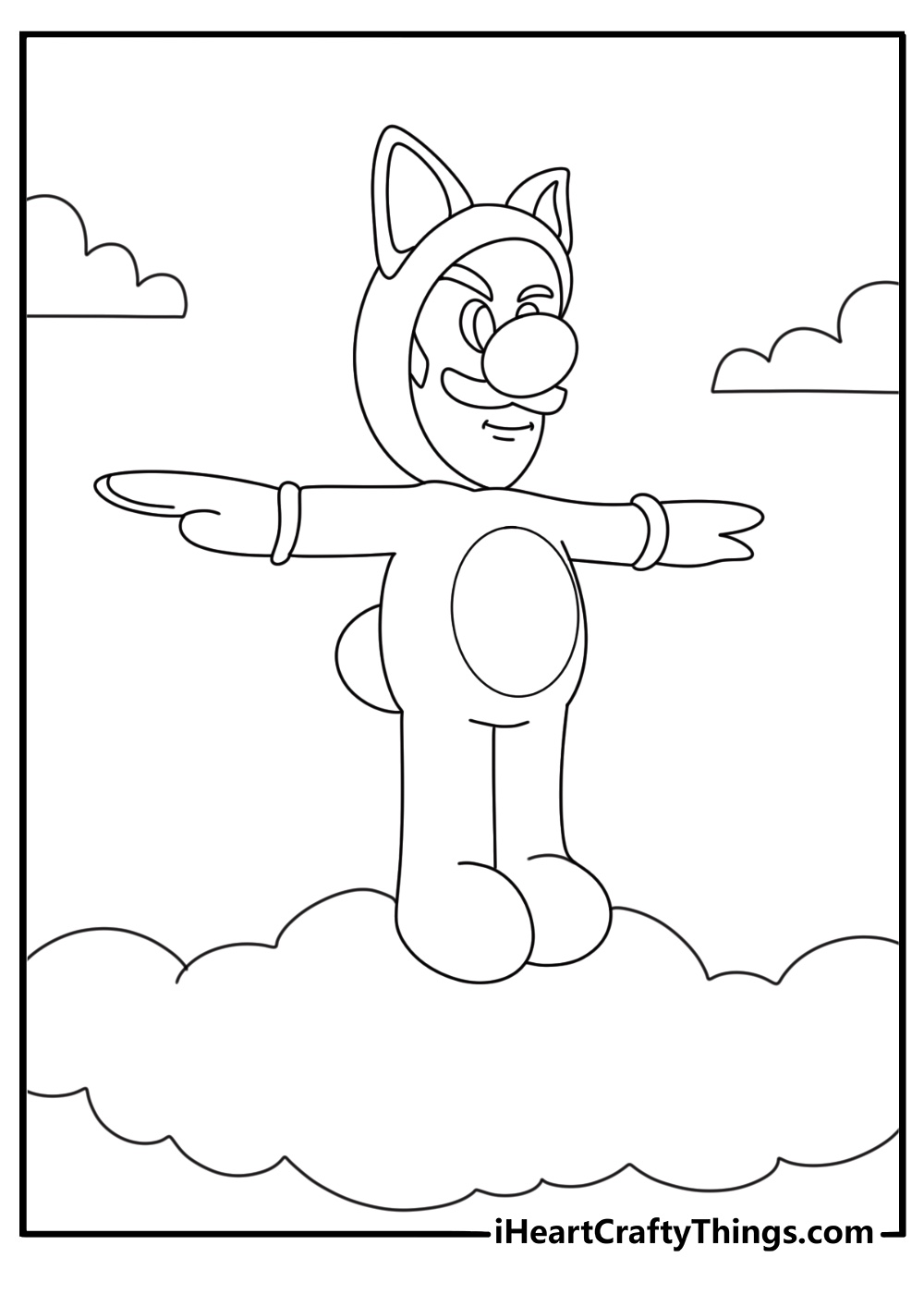 Super Mario printable sheet showing Luigi wearing a Tanooki Suit and standing on a cloud
