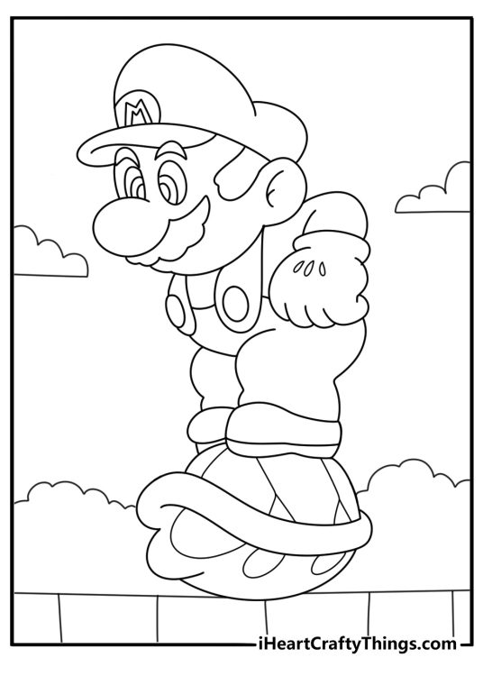 Super Mario printable showing Mario about to kick a turtle hiding inside its shell like a ball