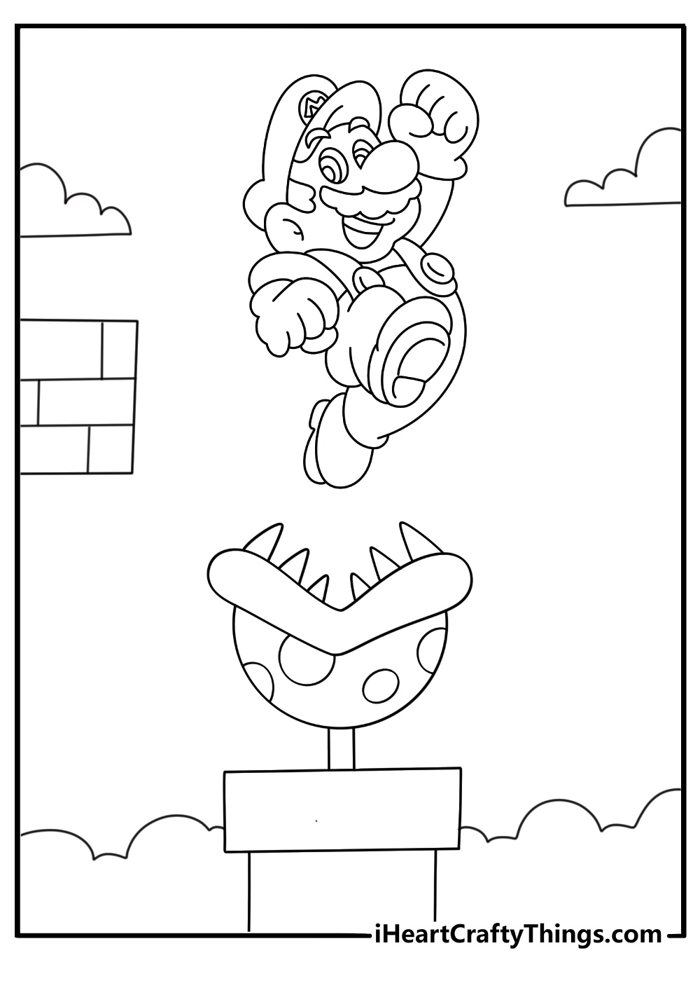 Super Mario printable showing Mario narrowly escaping the spiky vines and sharp teeth of a Piranha Plant