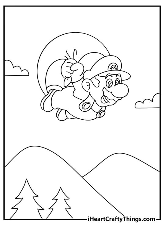Super Mario world coloring sheet with cape Mario gliding over hills