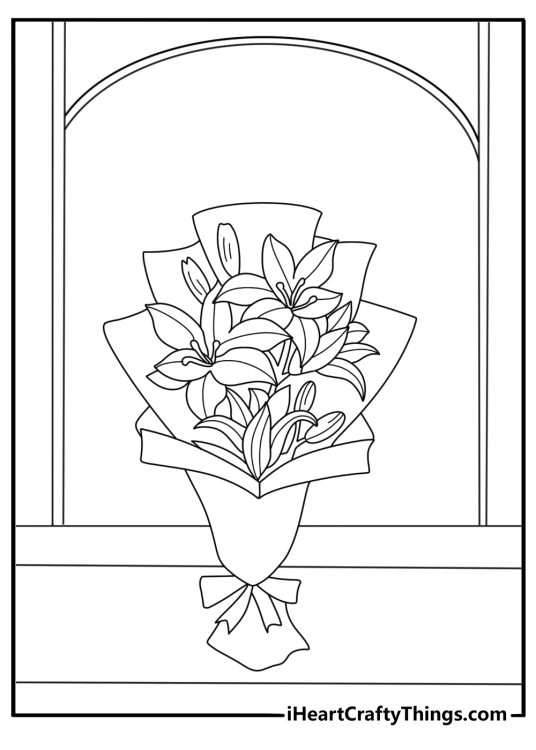Blessed mother coloring page with church window and lily bouquet