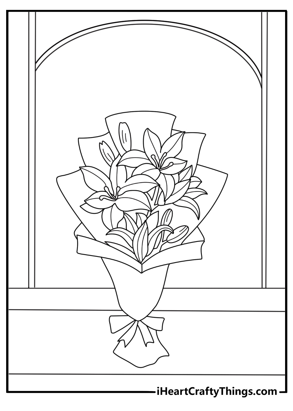 Blessed mother coloring page with church window and lily bouquet