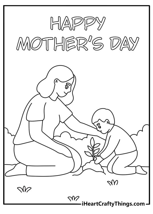 Coloring page for Mothers Day with mother and son planting a young tree