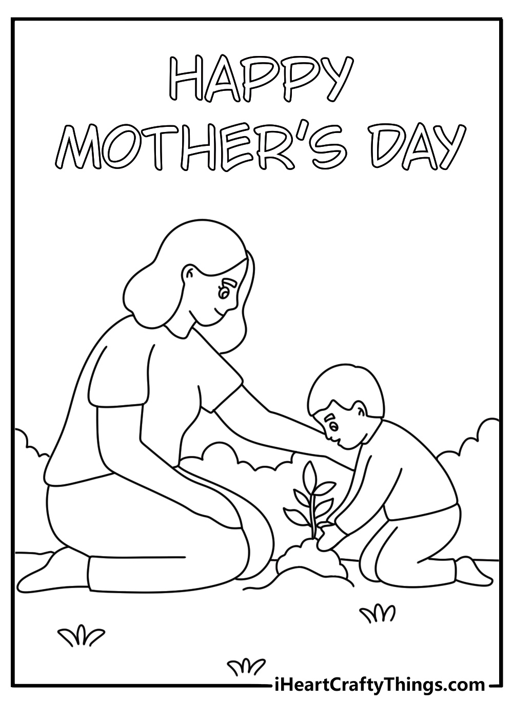 Coloring page for Mothers Day with mother and son planting a young tree