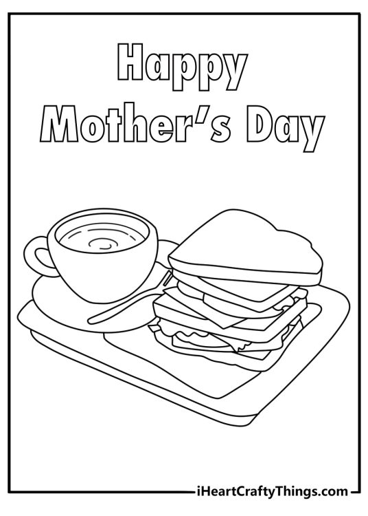 Free Mothers Day coloring page with breakfast tray and cup of tea for mom