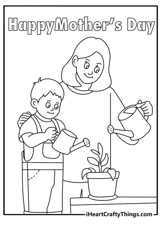 Free coloring page for Mothers Day with mom watering plants on a porch