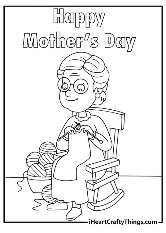 Free printable Mothers Day coloring page with grandma in a rocking chair and yarn basket