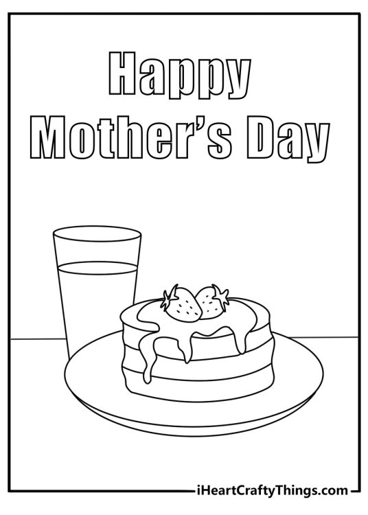 Happy Mothers Day coloring page free printable with breakfast pancakes and juice on a table