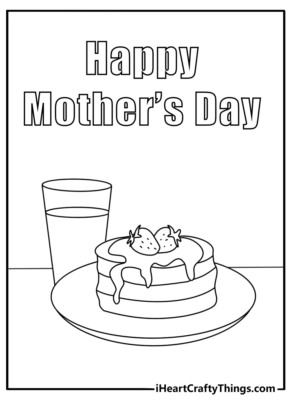 Happy Mothers Day coloring page free printable with breakfast pancakes and juice on a table