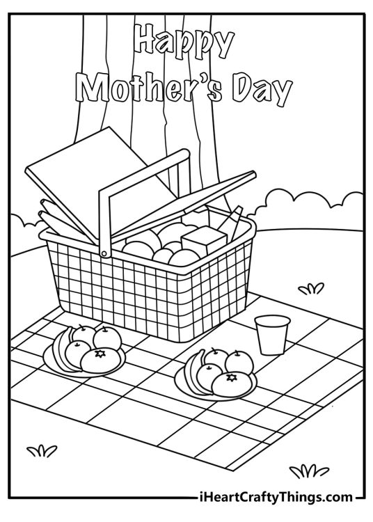 Happy Mothers Day coloring page with family picnic blanket and basket under a tree