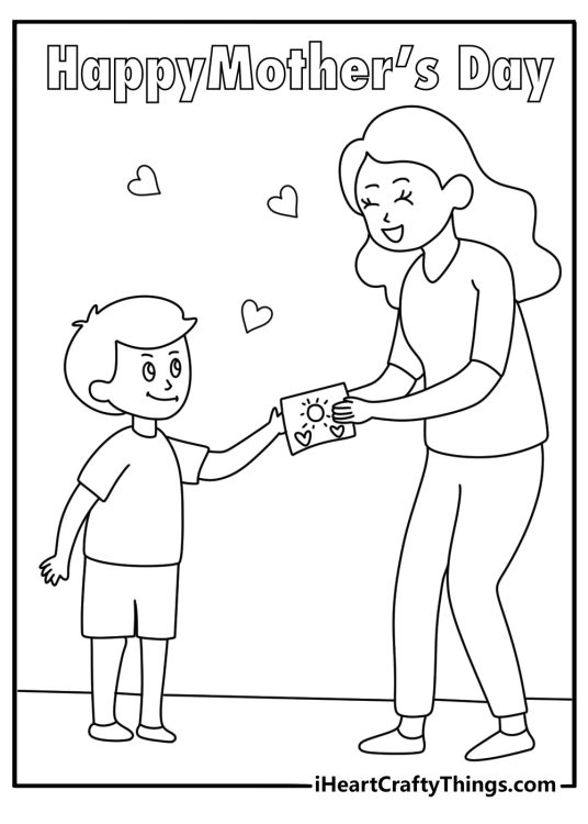 Happy Mothers Day coloring sheet with a child giving a handmade card to mother
