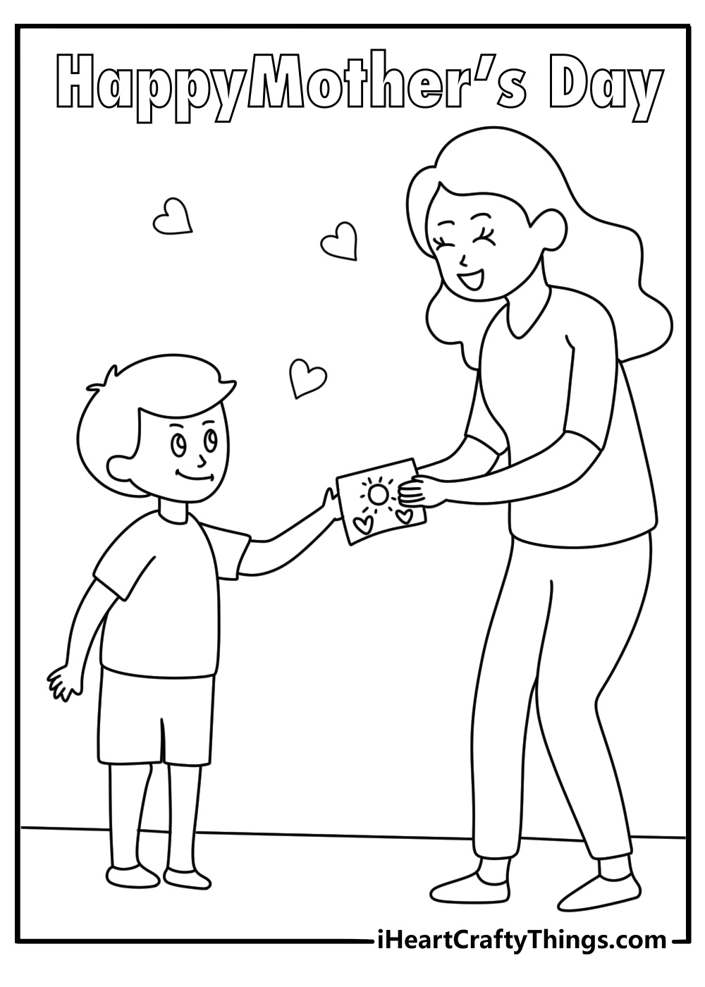 Happy Mothers Day coloring sheet with a child giving a handmade card to mother