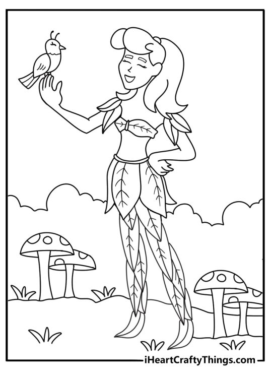 Mother Nature coloring page with a woman made of leaves beside birds and mushrooms