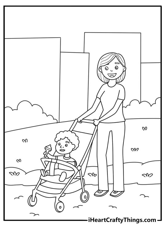 Mother coloring page for kids with a stroller at the park path
