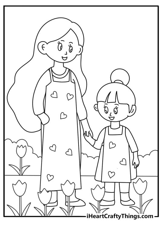 Mother daughter coloring page with matching aprons in a garden full of tulips