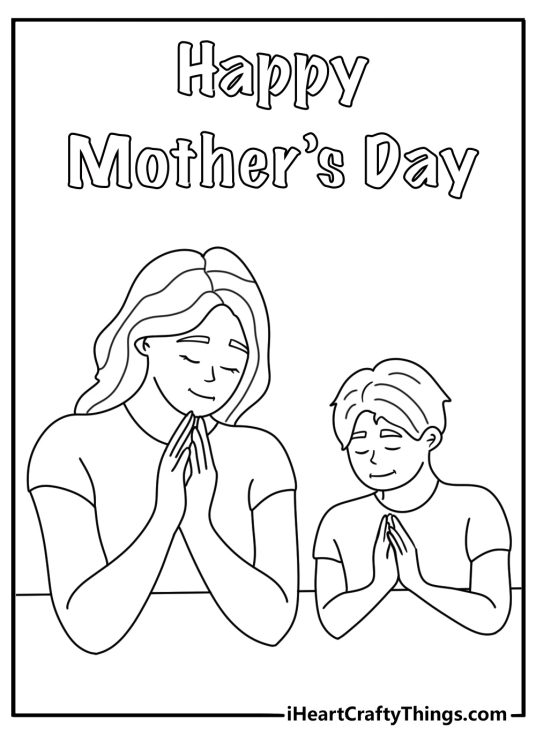 Mothers Day Sunday school coloring page with praying mother and child on a bench