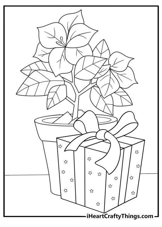Mothers Day card coloring page with a gift box and ribbon beside a flower pot