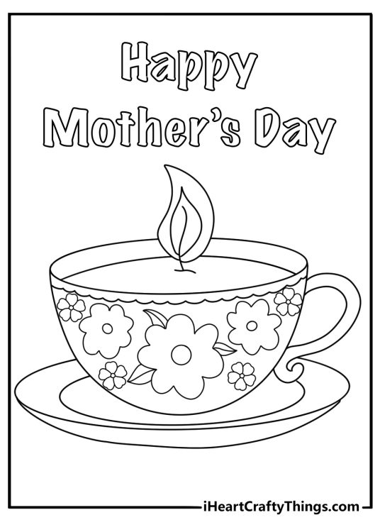 Mothers Day coloring page for adults with teacup candles and layered floral border