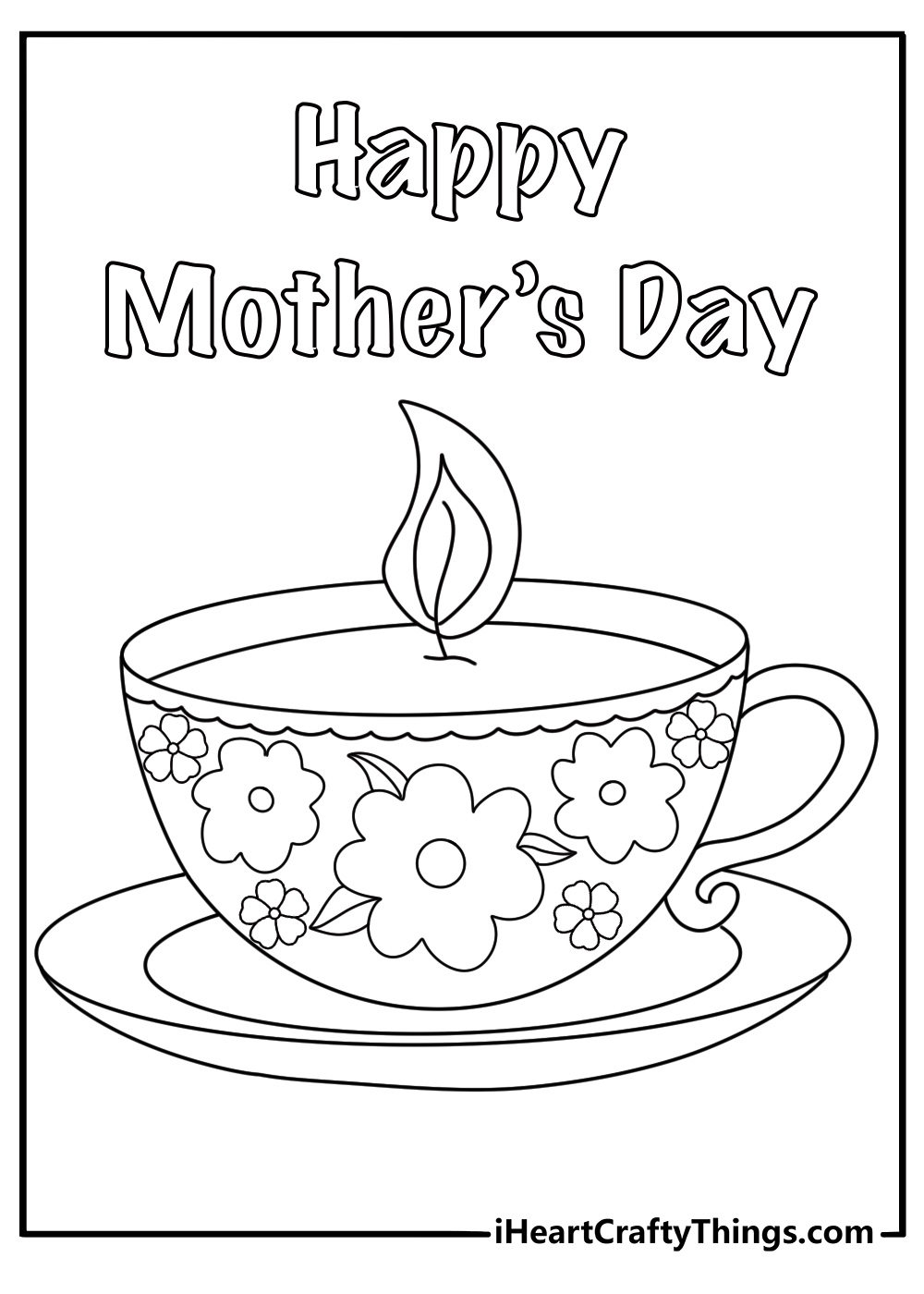 Mothers Day coloring page for adults with teacup candles and layered floral border