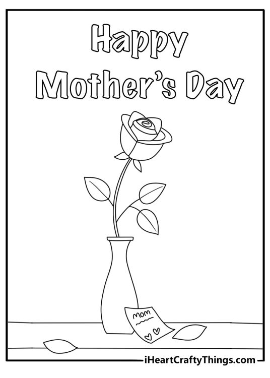 Mothers Day flower coloring page with a vase of roses and a note for mom