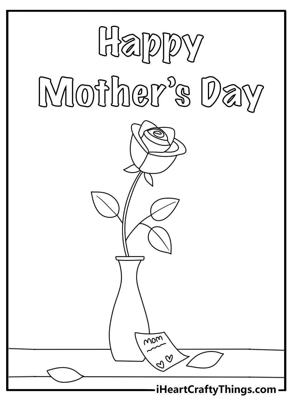 Mothers Day flower coloring page with a vase of roses and a note for mom