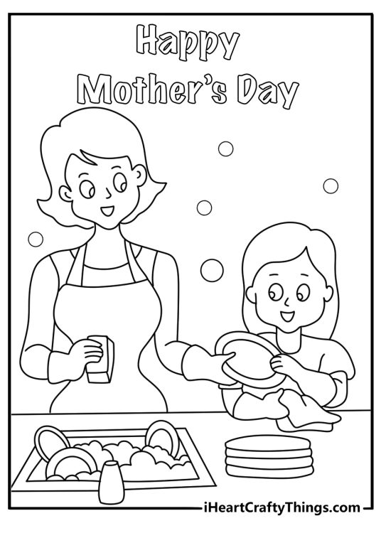 Mothers Day printable coloring page with a child washing dishes for mom