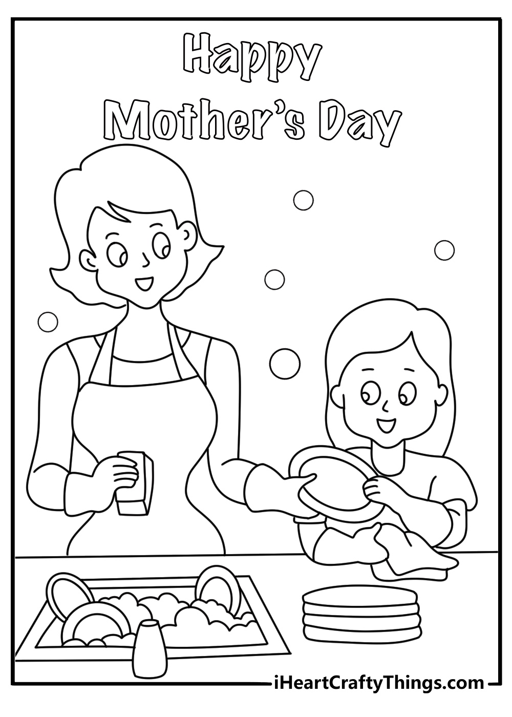 Mothers Day printable coloring page with a child washing dishes for mom