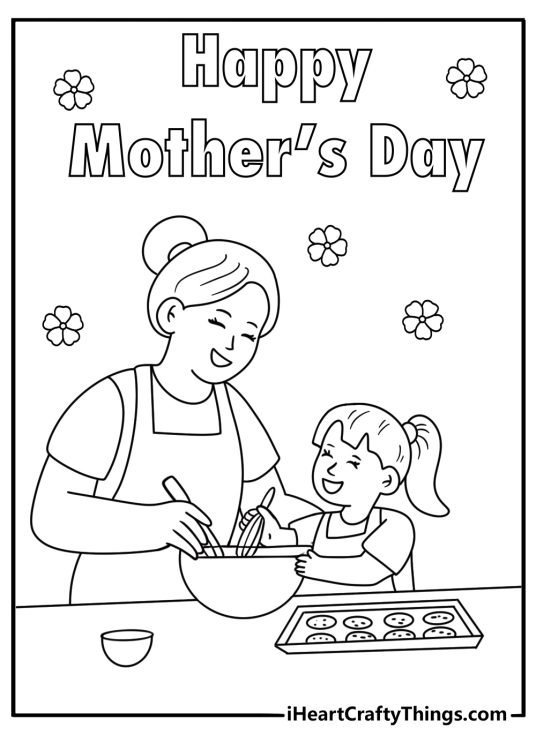 Simple Mothers Day coloring page with mom and child baking cookies in a kitchen
